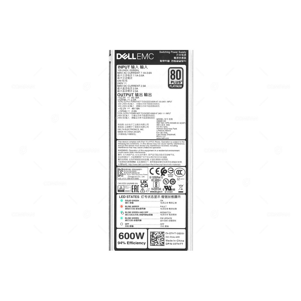 3THTT  DELL 600W 80 PLUS PLATINUM 100-240V SWITCHING POWER SUPPLY FOR POWEREDGE